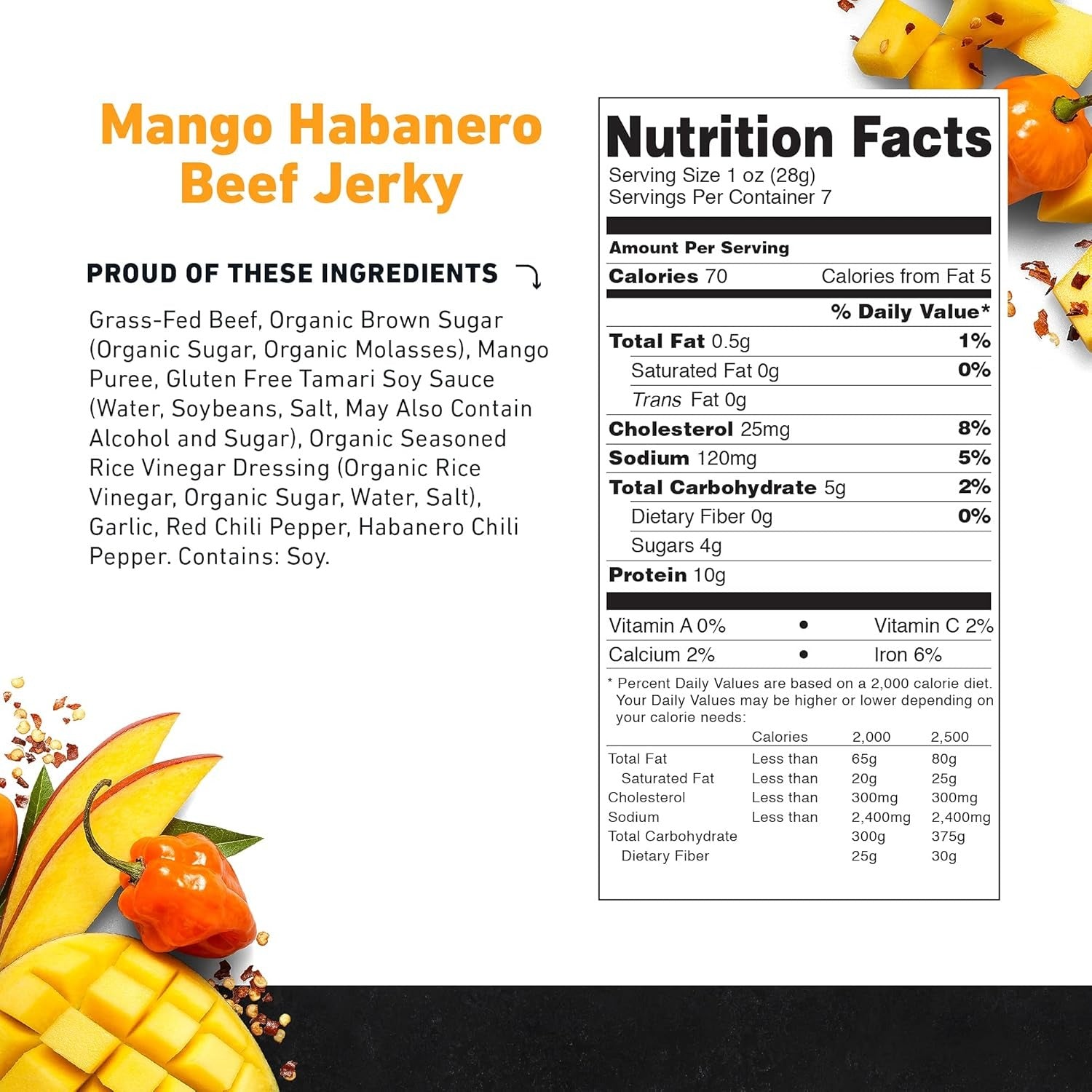 Country Archer Mango Habanero Beef Jerky, 100% Grass-Fed, Gluten Free, 7 Ounce (Pack of 1)