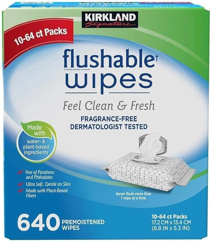 Pack of 2 Kirkland Signature Premoistened Flushable Wipes Fragrance Free 640-cnt