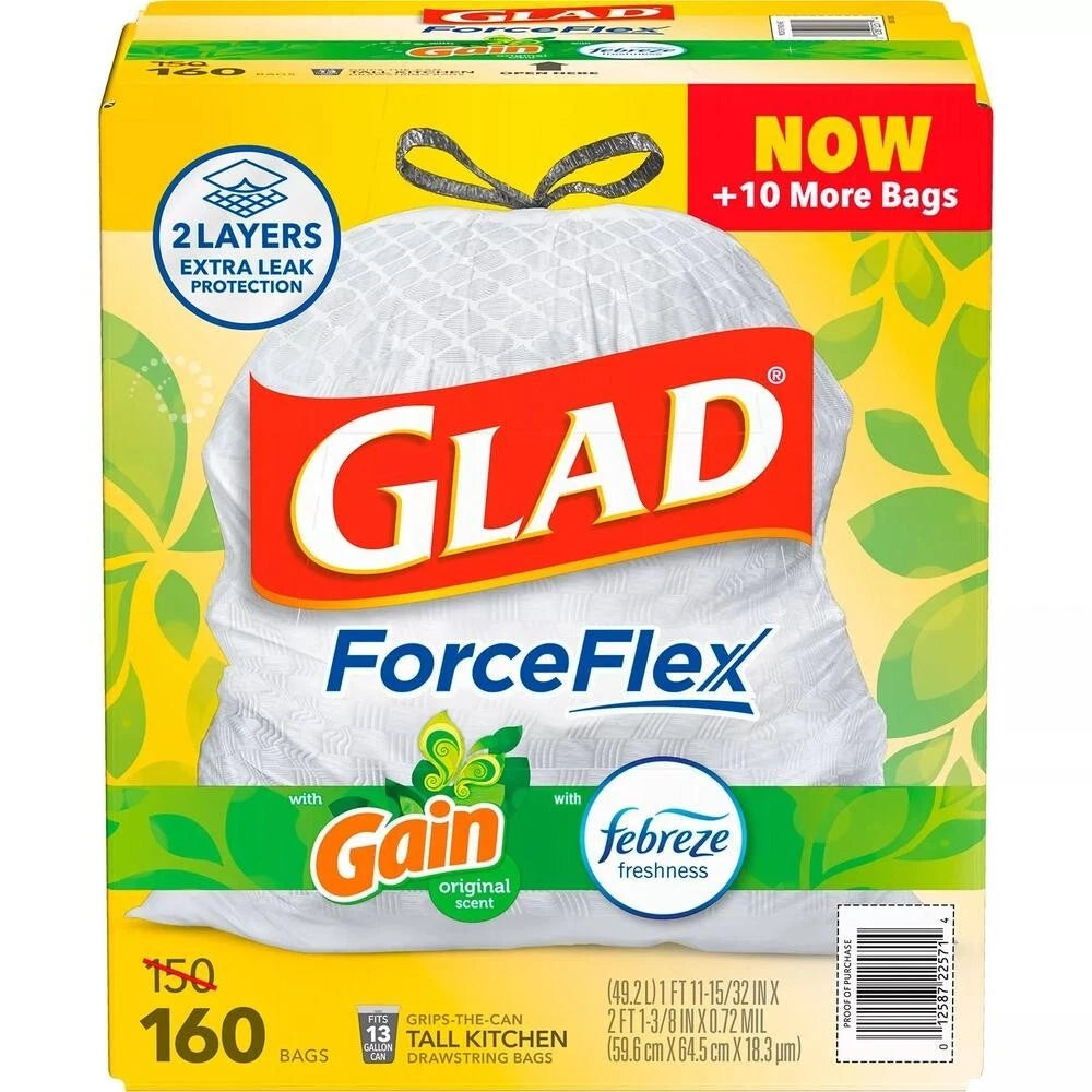 Glad ForceFlex 13-Gallon Kitchen Trash Bags, Gain Original Scent + Febreze,160ct