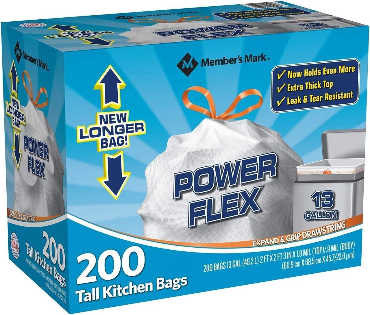 Member's Mark Power Flex 13-Gallon Tall Kitchen Trash Bags, 200 ct