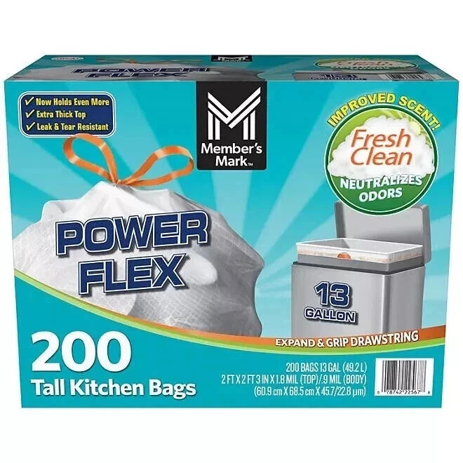 Member's Mark Power Flex Tall Kitchen Drawstring Trash Bags 13 Gallon, 2 Rolls