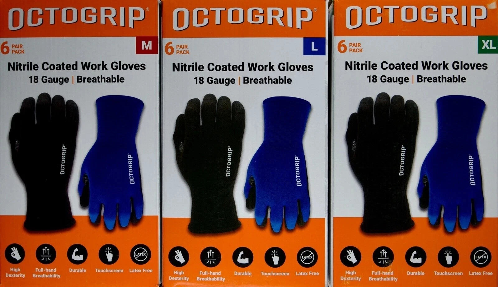 Octogrip Nitrile Coated Work Gloves, 18 Gauge, Breathable, 6 Pairs