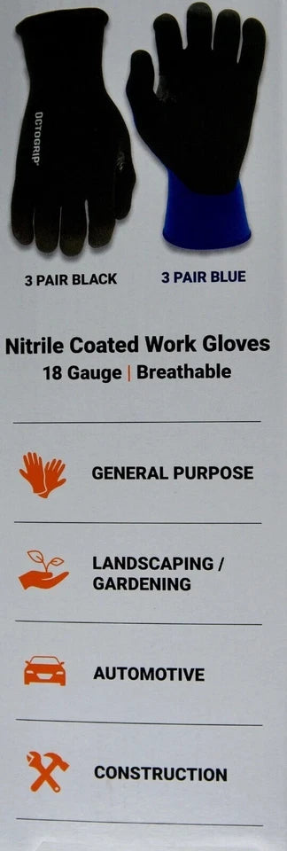 Octogrip Nitrile Coated Work Gloves, 18 Gauge, Breathable, 6 Pairs
