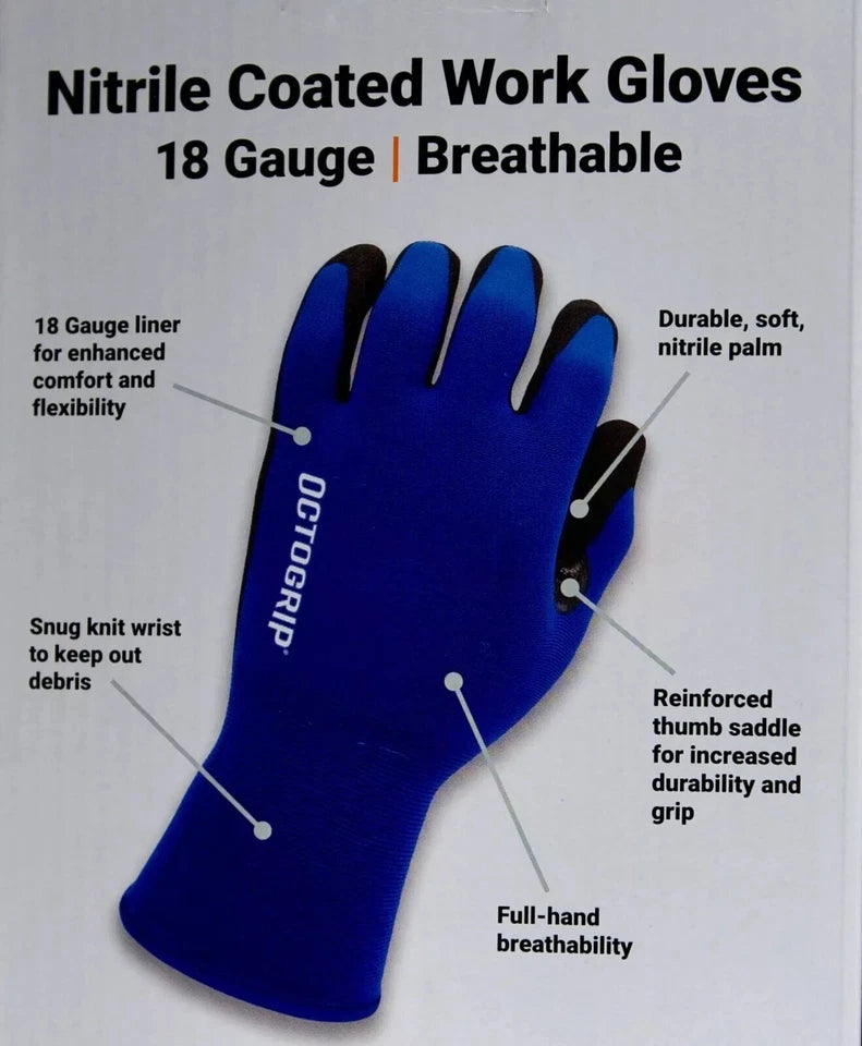 Octogrip Nitrile Coated Work Gloves, 18 Gauge, Breathable, 6 Pairs