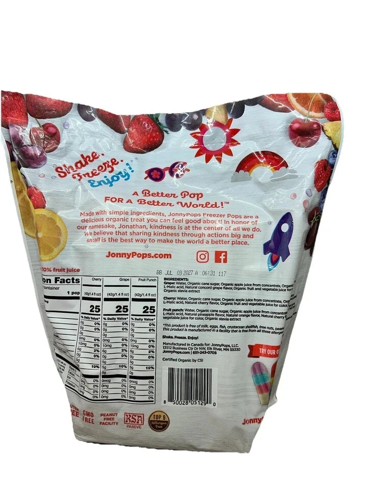 2 PACKS! Jonny Pops Organic Freezer Pops 48 Pieces! Cherry, Grape, Fruit Punch!