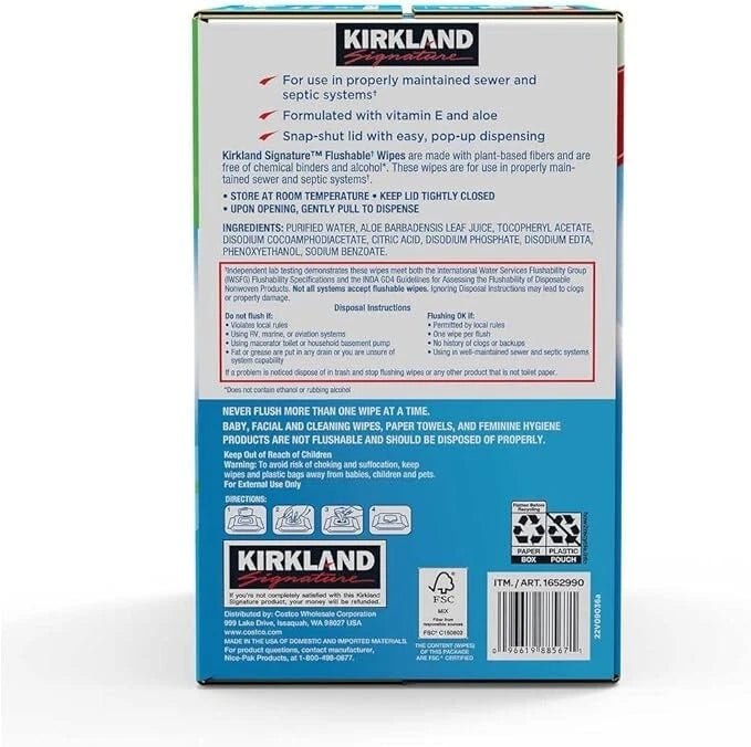 Pack of 2 Kirkland Signature Premoistened Flushable Wipes Fragrance Free 640-cnt