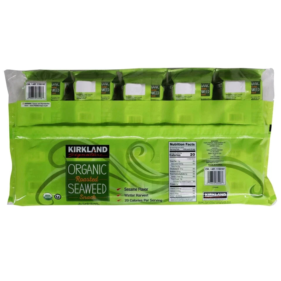 Kirkland Signature Organic Roasted Seaweed Snack, 0.6 Ounce (10 Count)